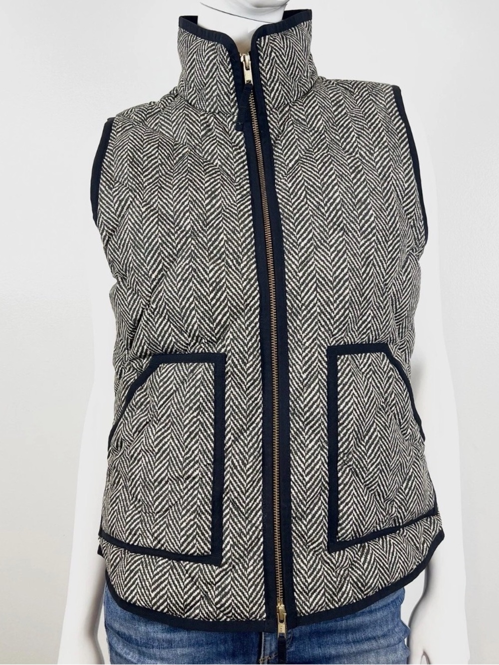 J. Crew Black & Cream Herringbone Quilted Vest S